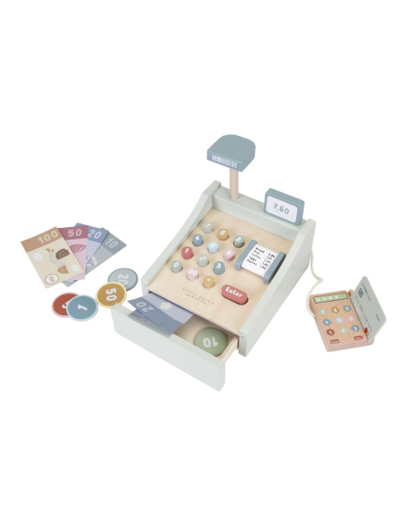 Registratore di cassa giocattolo con scanner in legno