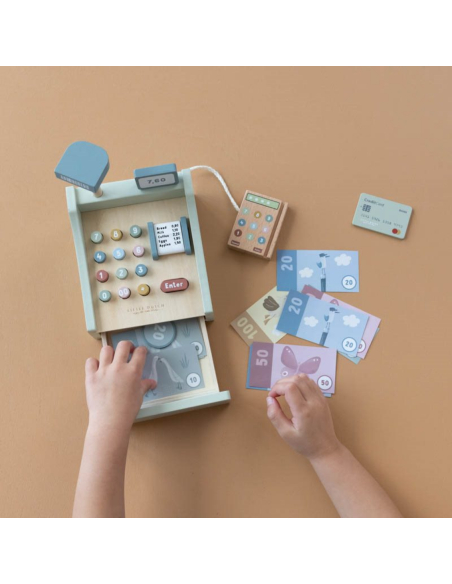 Registratore di cassa giocattolo con scanner in legno