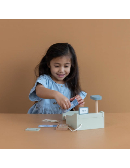 Registratore di cassa giocattolo con scanner in legno