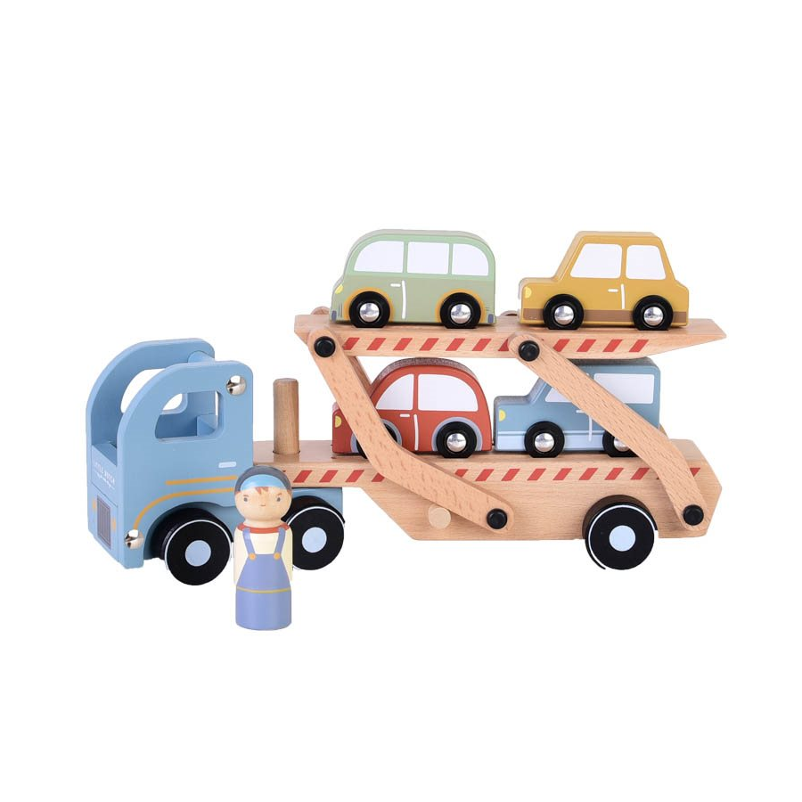 Camioncino in legno con rimorchio e macchinine