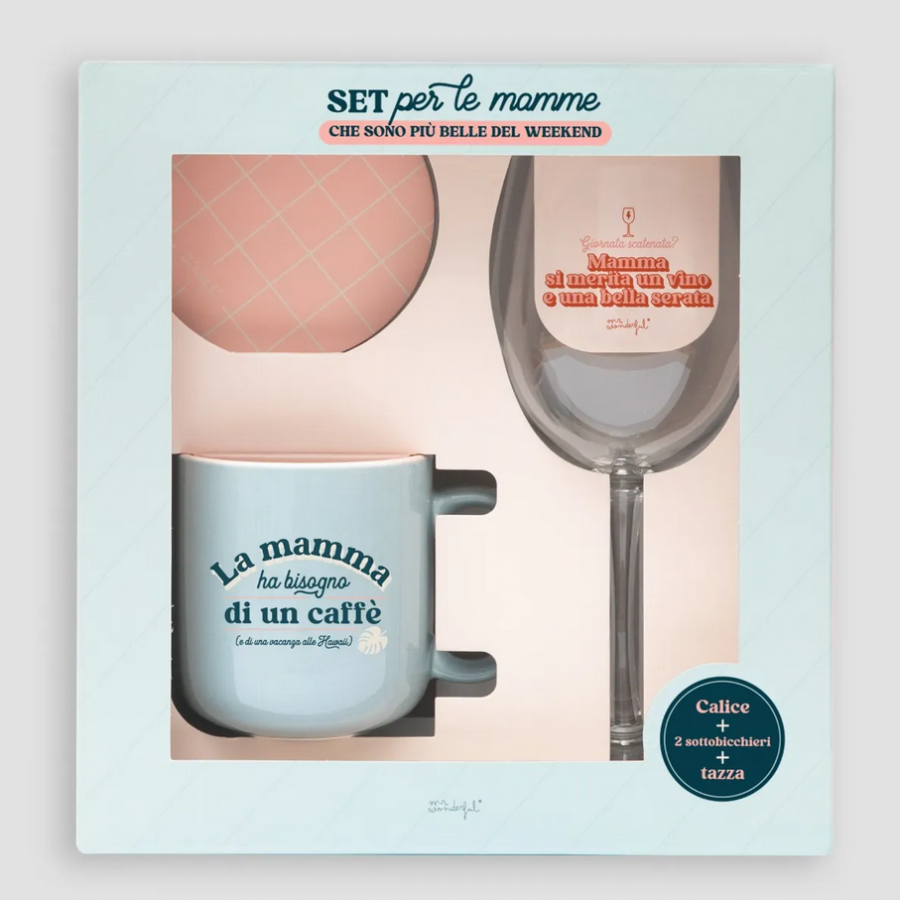 Set calice da vino + sottobicchiere + tazza - Per le mamme che sono più belle del weekend 2