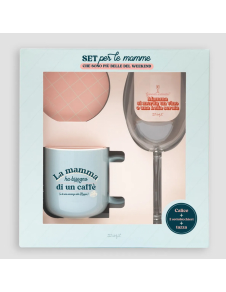 Set calice da vino + sottobicchiere + tazza - Per le mamme che sono più belle del weekend