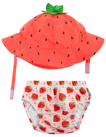 Set Baby Costumino Contenitivo + Cappellino, Fragolina con protezione solare UPF 50+