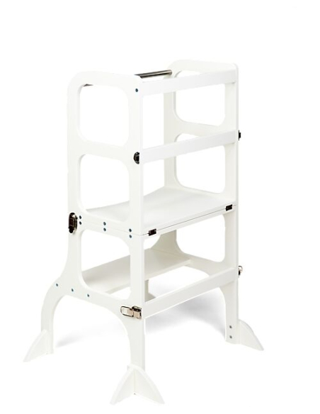 Torre Montessoriana Convertibile Step'n'Sit - Legno - Bianco con Cinghie Argento