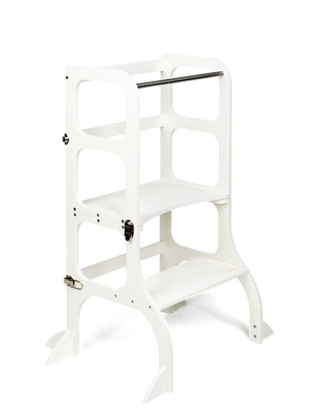 Torre Montessoriana Convertibile Step'n'Sit - Legno - Bianco con Cinghie Argento