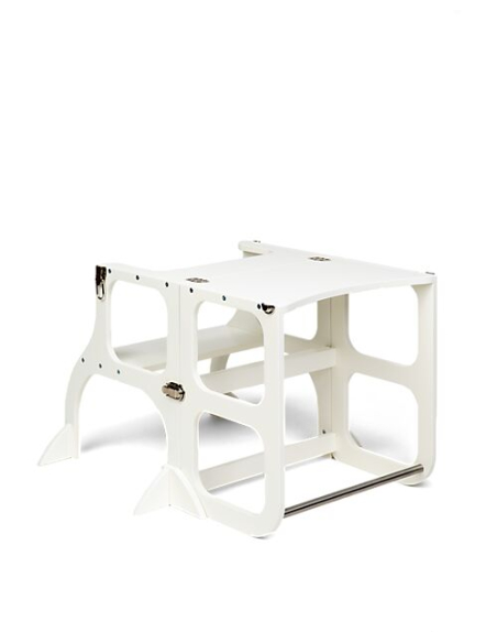 Torre Montessoriana Convertibile Step'n'Sit - Legno - Bianco con Cinghie Argento
