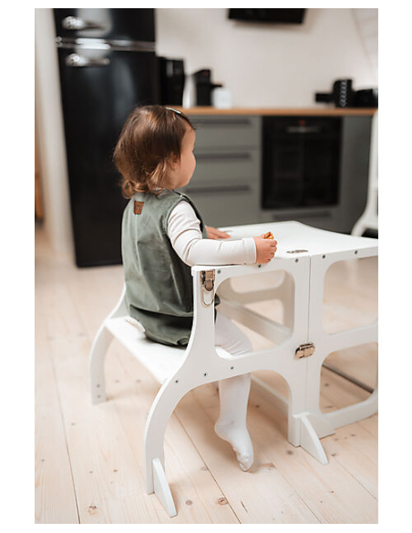Torre Montessoriana Convertibile Step'n'Sit - Legno - Bianco con Cinghie Argento