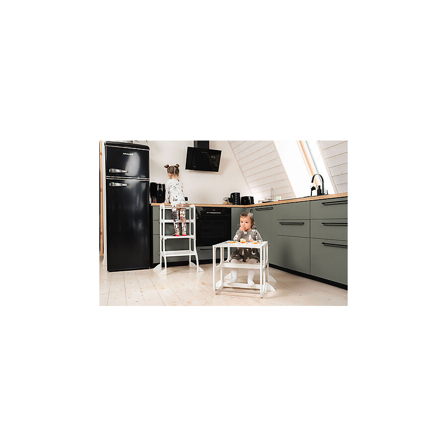 Torre Montessoriana Convertibile Step'n'Sit - Legno - Bianco con Cinghie Argento
