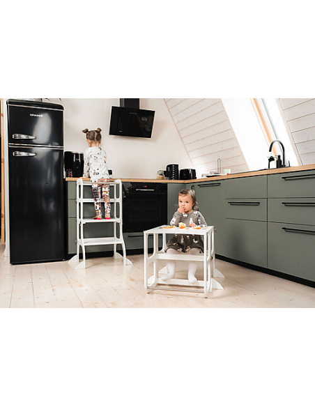 Torre Montessoriana Convertibile Step'n'Sit - Legno - Bianco con Cinghie Argento
