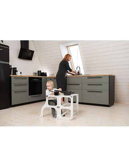 Torre Montessoriana Convertibile Step'n'Sit - Legno - Bianco con Cinghie Argento