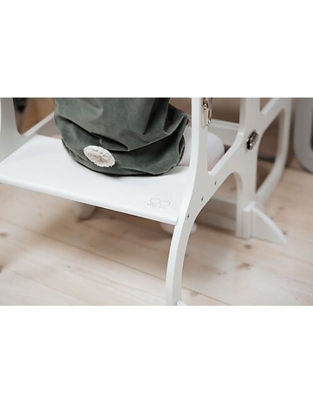 Torre Montessoriana Convertibile Step'n'Sit - Legno - Bianco con Cinghie Argento
