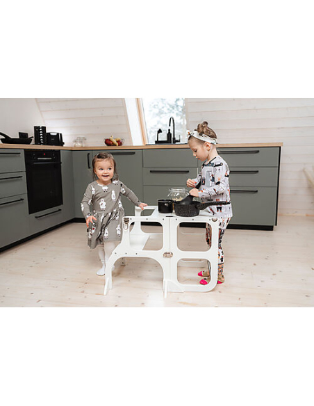 Torre Montessoriana Convertibile Step'n'Sit - Legno - Bianco con Cinghie Argento