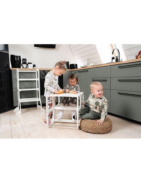 Torre Montessoriana Convertibile Step'n'Sit - Legno - Bianco con Cinghie Argento