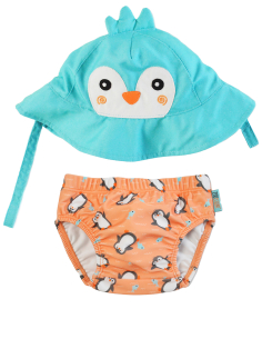 Set Baby Costumino Contenitivo + Cappellino, Pinguino con protezione solare UPF 50+