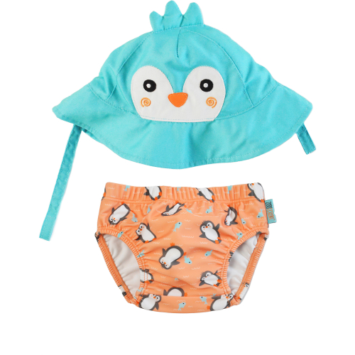 Set Baby Costumino Contenitivo + Cappellino, Pinguino con protezione solare UPF 50+