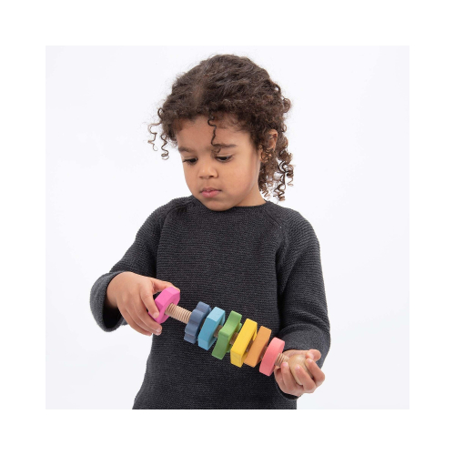 Twister - 1 Bullone e 7 Dadi - Arcobaleno - Legno Massello - da 18 Mesi