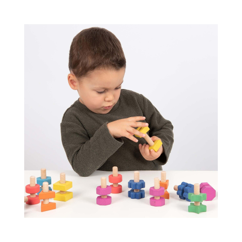 Set Gioco Dadi e Bulloni - Arcobaleno - 28 Pezzi - Legno di Faggio