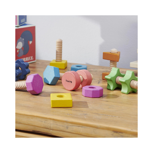 Set Gioco Dadi e Bulloni - Arcobaleno - 28 Pezzi - Legno di Faggio