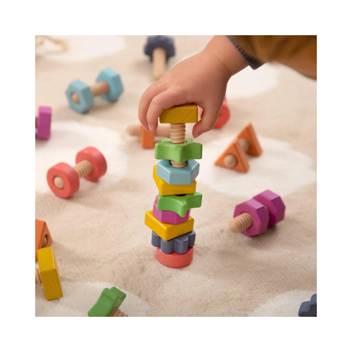 Set Gioco Dadi e Bulloni - Arcobaleno - 28 Pezzi - Legno di Faggio