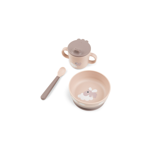 Set Pappa Foodie - Ciotola Tazza e Cucchiaio - Happy Clouds - Rosa Cipria - 100% PP Alimentare