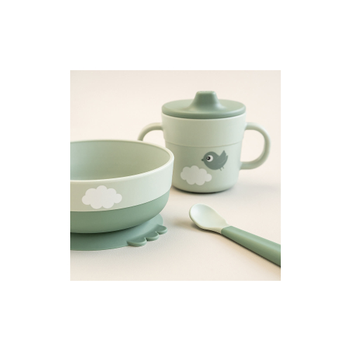 Set Pappa Foodie - Ciotola Tazza e Cucchiaio - Happy Clouds - Verde - 100% PP Alimentare