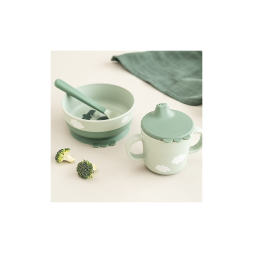 Set Pappa Foodie - Ciotola Tazza e Cucchiaio - Happy Clouds - Verde - 100% PP Alimentare