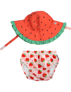 Set Baby Costumino Contenitivo + Cappellino, Fragola Delight con protezione solare UPF 50+