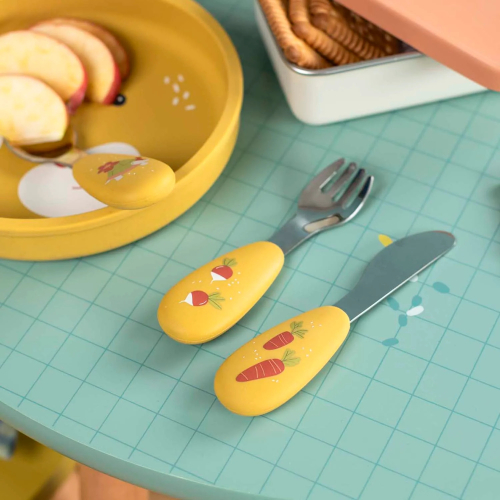 Set posate in silicone e acciaio inox - Trois petits lapins Set posate in silicone e acciaio inox - Trois petits lapins