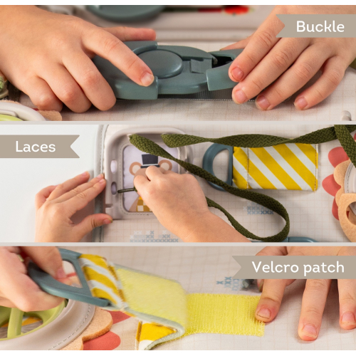 Busy board 18 mesi, tavola attività con laccetti, zip e giochi causa e