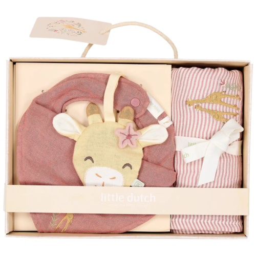 Set regalo nascita Giraffa – mussola, bavaglino e doudou