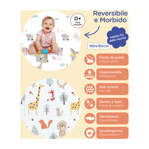Tappeto Gioco Pieghevole Montessori 2 in 1 Reversibile e Morbido - Animal Friends - 180x150cm