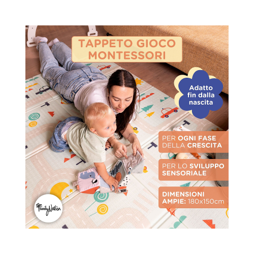 Tappeto Gioco Pieghevole Montessori 2 in 1 Reversibile e Morbido - Animal Friends - 180x150cm
